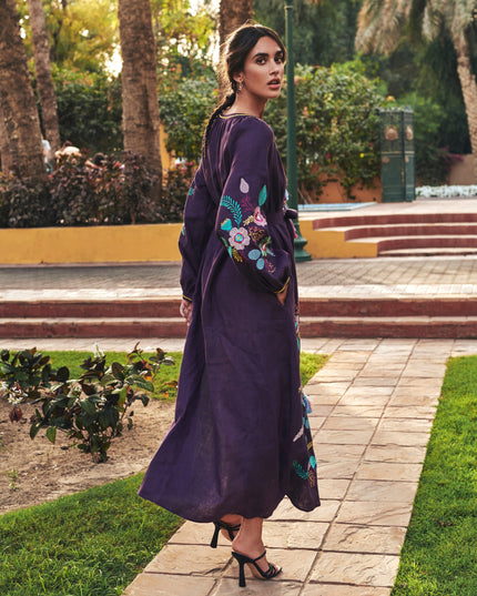 Plum Purple Embroidered Linen Maxi Dress – Balloon Sleeves