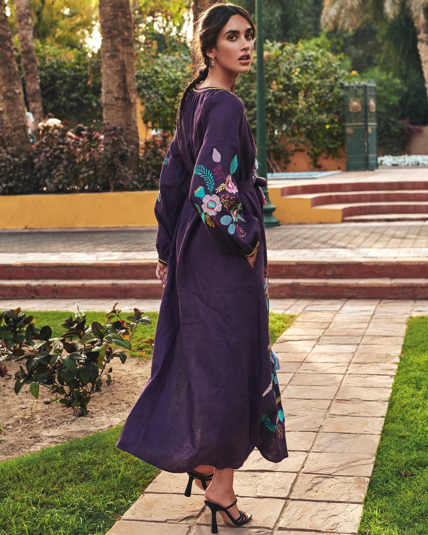 Plum Purple Multi-Color Floral Embroidered Linen Kaftan Maxi Dress