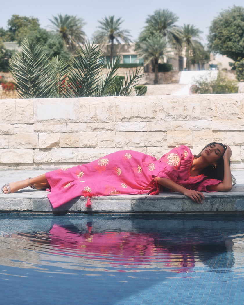 Fuchsia Yellow Floral Embroidered Linen Kaftan Maxi Dress