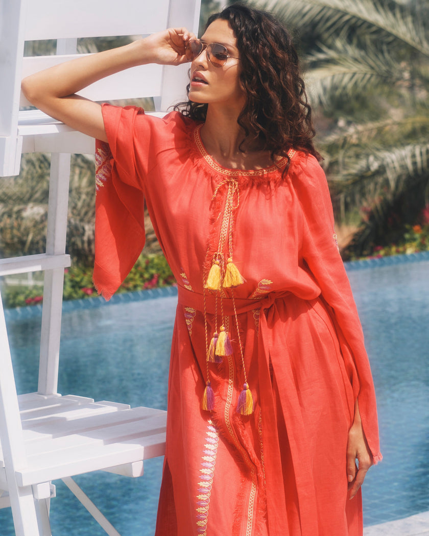 Coral Embroidered Linen Maxi Dress | ZALXNDRA