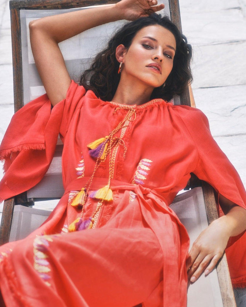 Coral Embroidered Linen Maxi Dress | ZALXNDRA