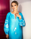 Turquoise Embroidered Linen Tunic Dress – Balloon Sleeves