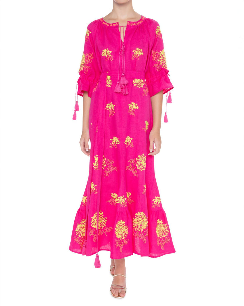 Fuchsia Embroidered Linen Maxi Dress | ZALXNDRA