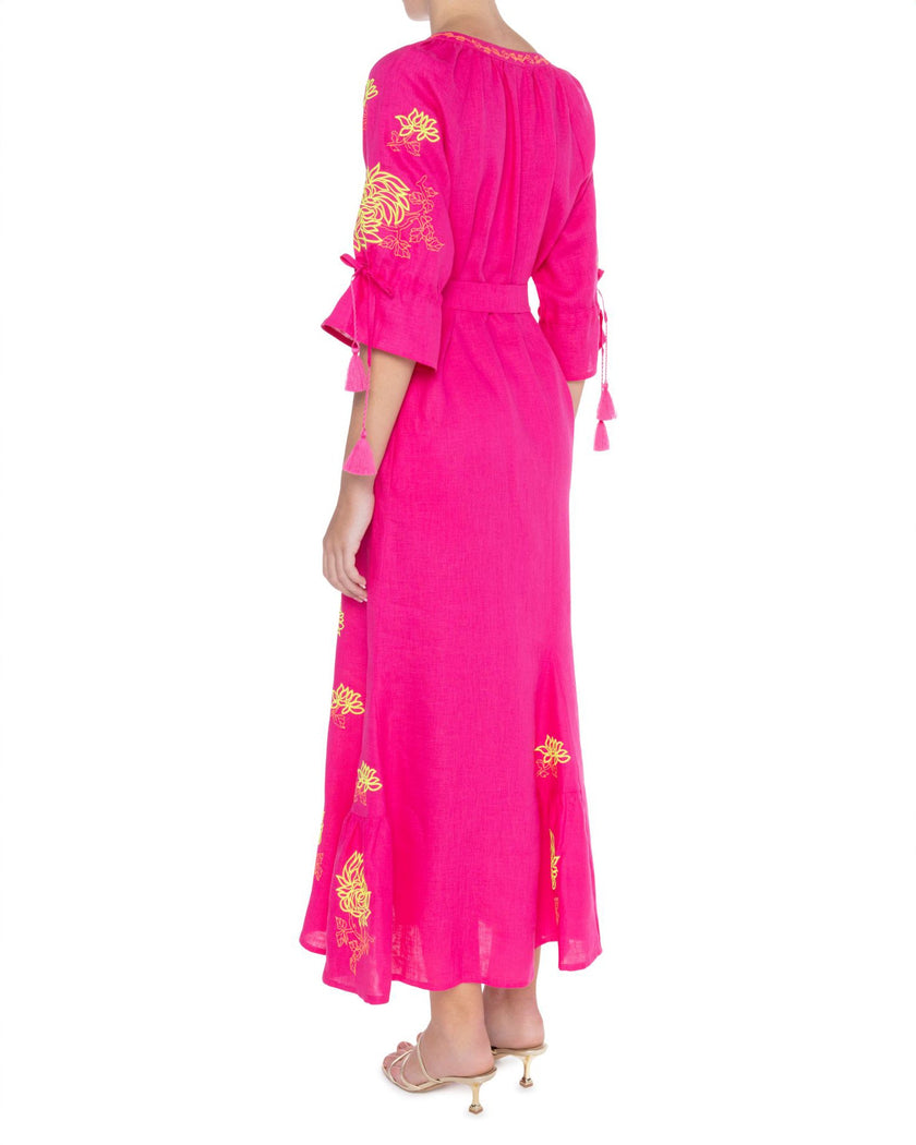 Fuchsia Embroidered Linen Maxi Dress | ZALXNDRA