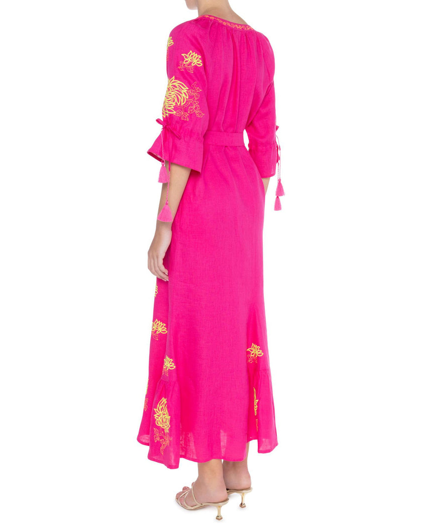 Fuchsia Yellow Floral Embroidered Linen Kaftan Maxi Dress