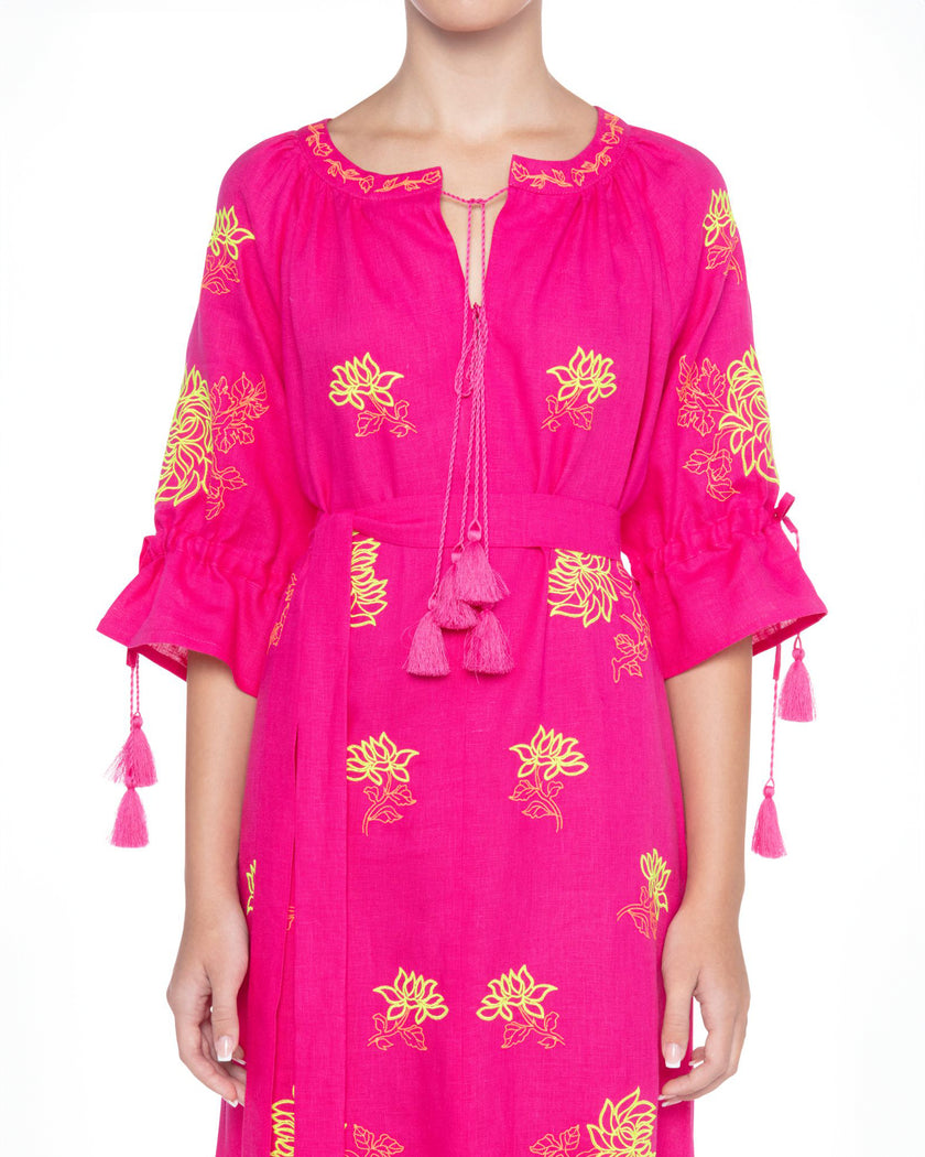 Fuchsia Yellow Floral Embroidered Linen Kaftan Maxi Dress