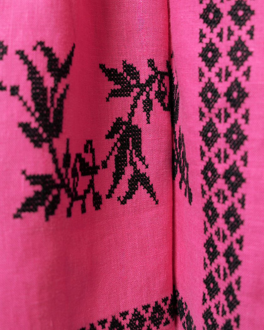Fuchsia Black Hand-Embroidered Cross-Stitch Linen Kaftan Maxi Dress