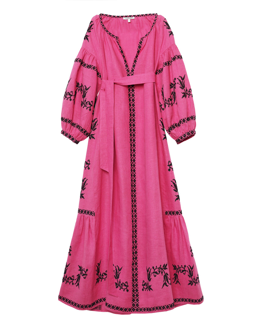 Fuchsia Black Hand-Embroidered Cross-Stitch Linen Kaftan Maxi Dress