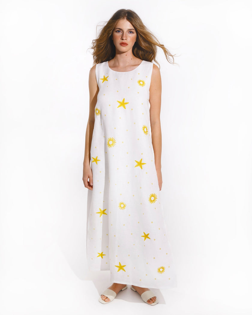 White Embroidered Linen Long Dress | ZALXNDRA