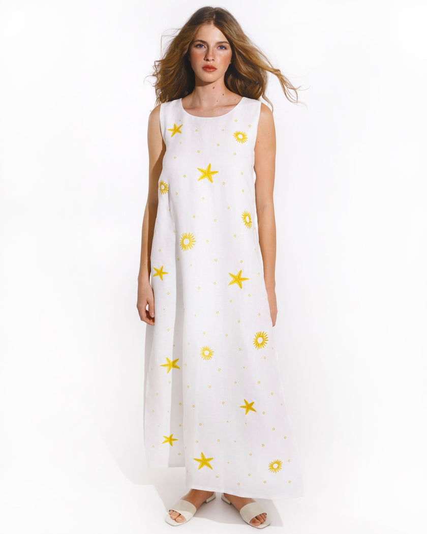 White Yellow Sun and Star Embroidered Linen Maxi Dress