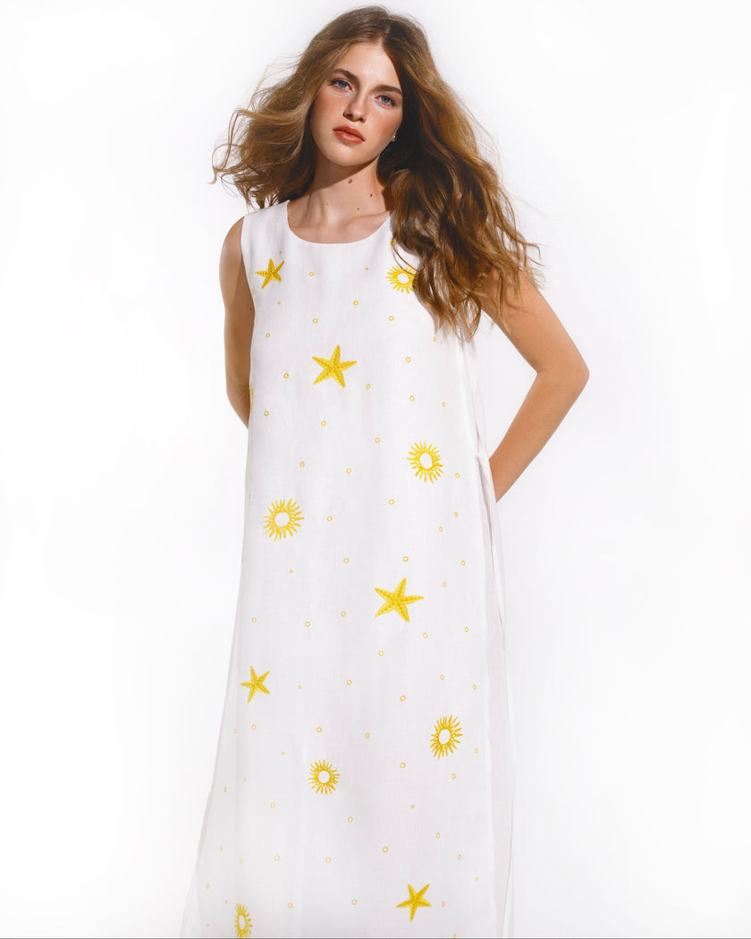 White Yellow Sun and Star Embroidered Linen Maxi Dress