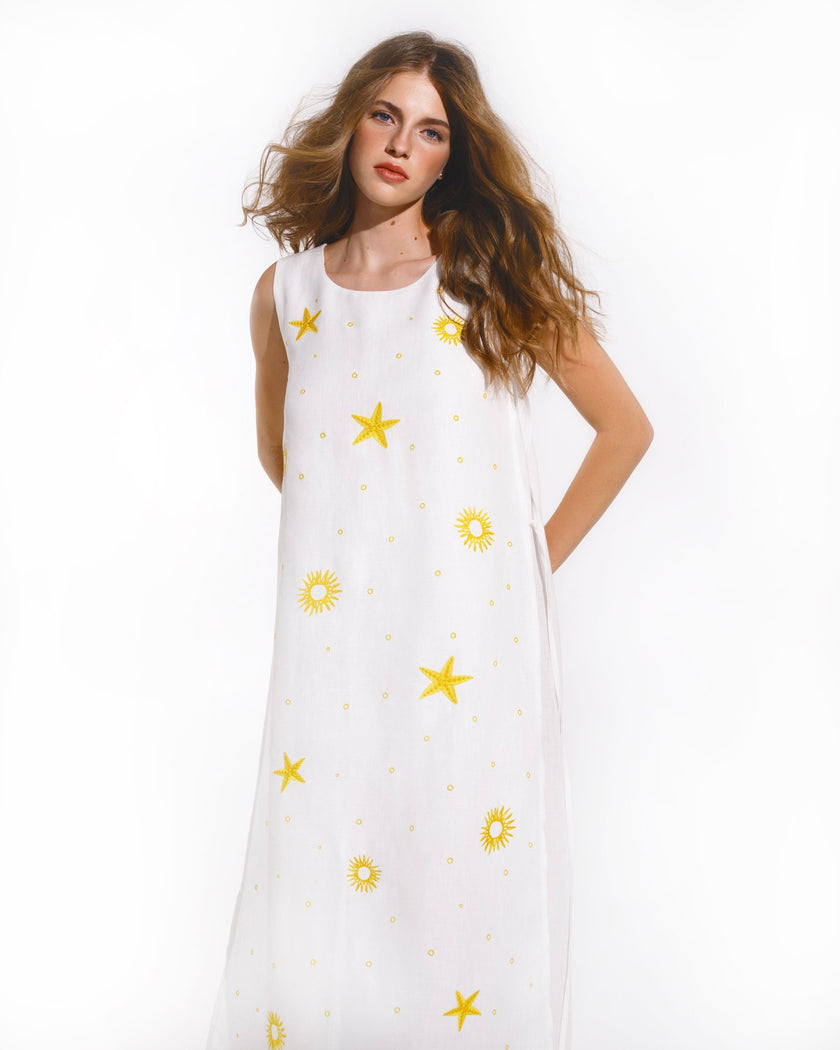 White Embroidered Linen Long Dress | ZALXNDRA