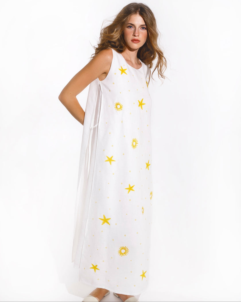 White Yellow Sun and Star Embroidered Linen Maxi Dress