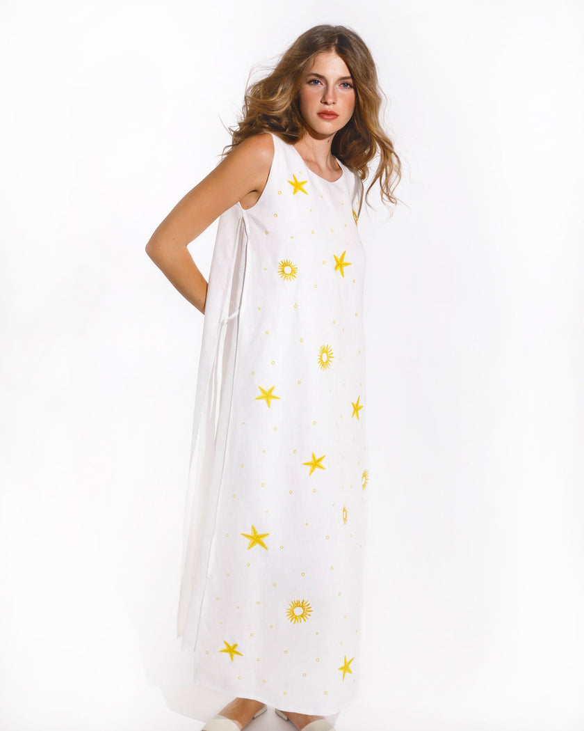 White Embroidered Linen Long Dress | ZALXNDRA