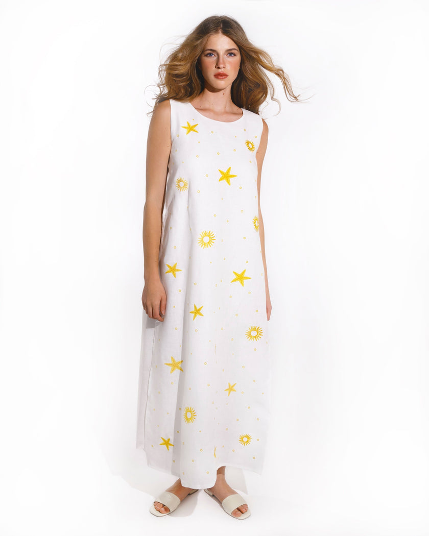 White Embroidered Linen Long Dress | ZALXNDRA
