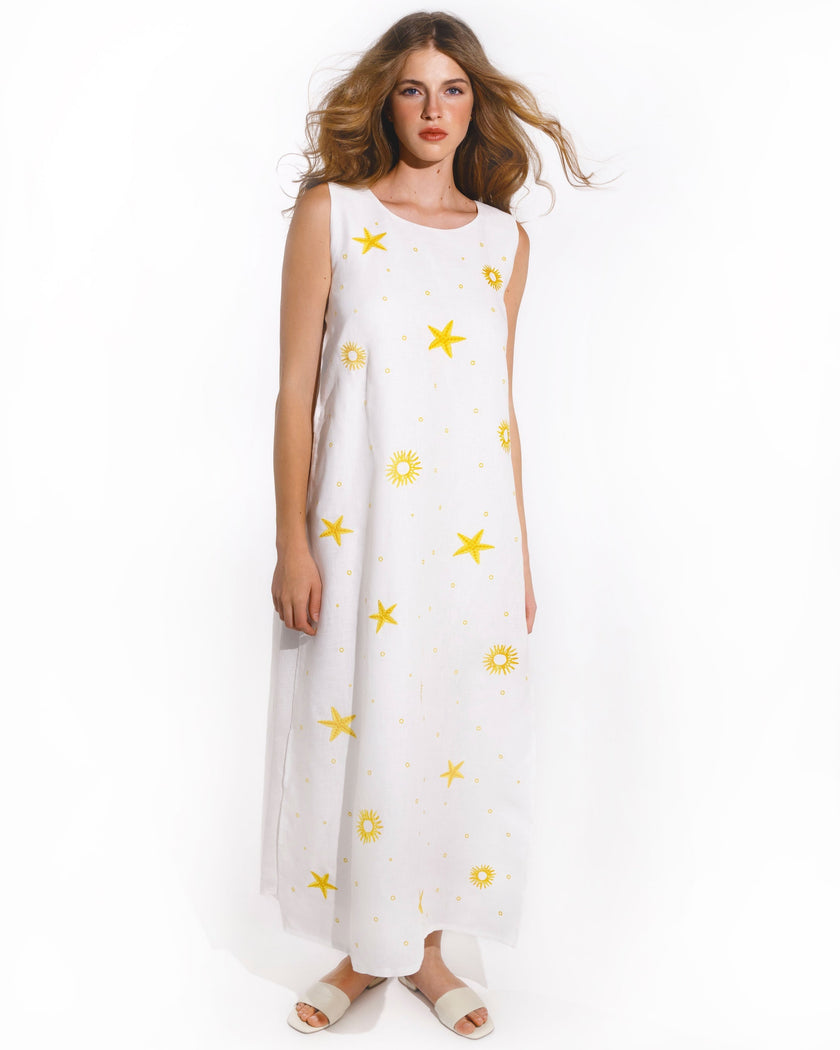 White Yellow Sun and Star Embroidered Linen Maxi Dress
