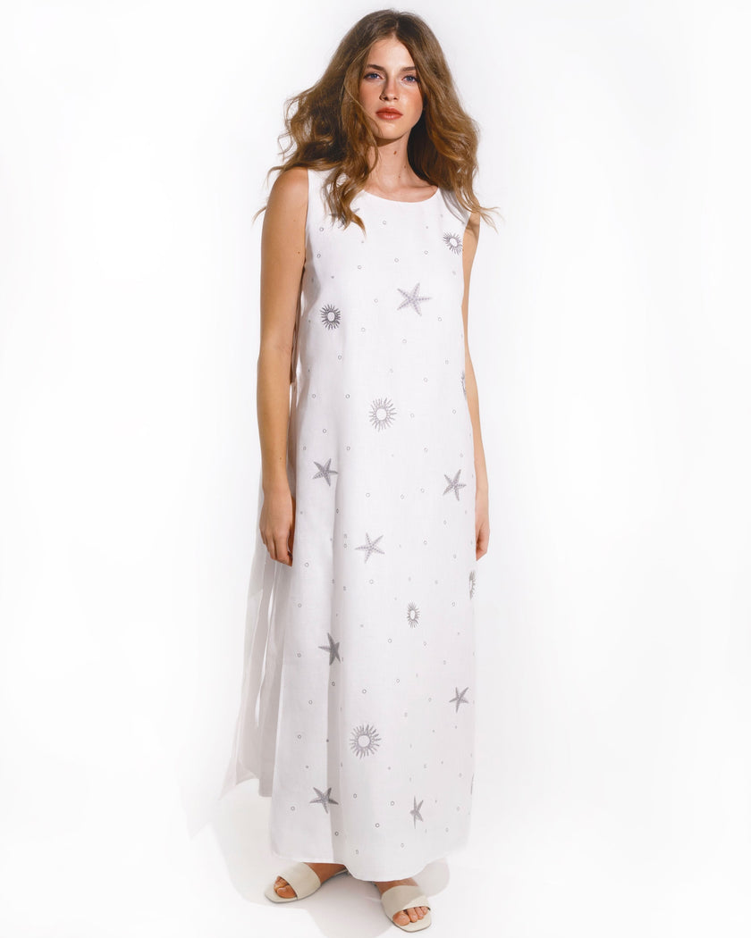 White Silver Sun and Star Embroidered Linen Maxi Dress