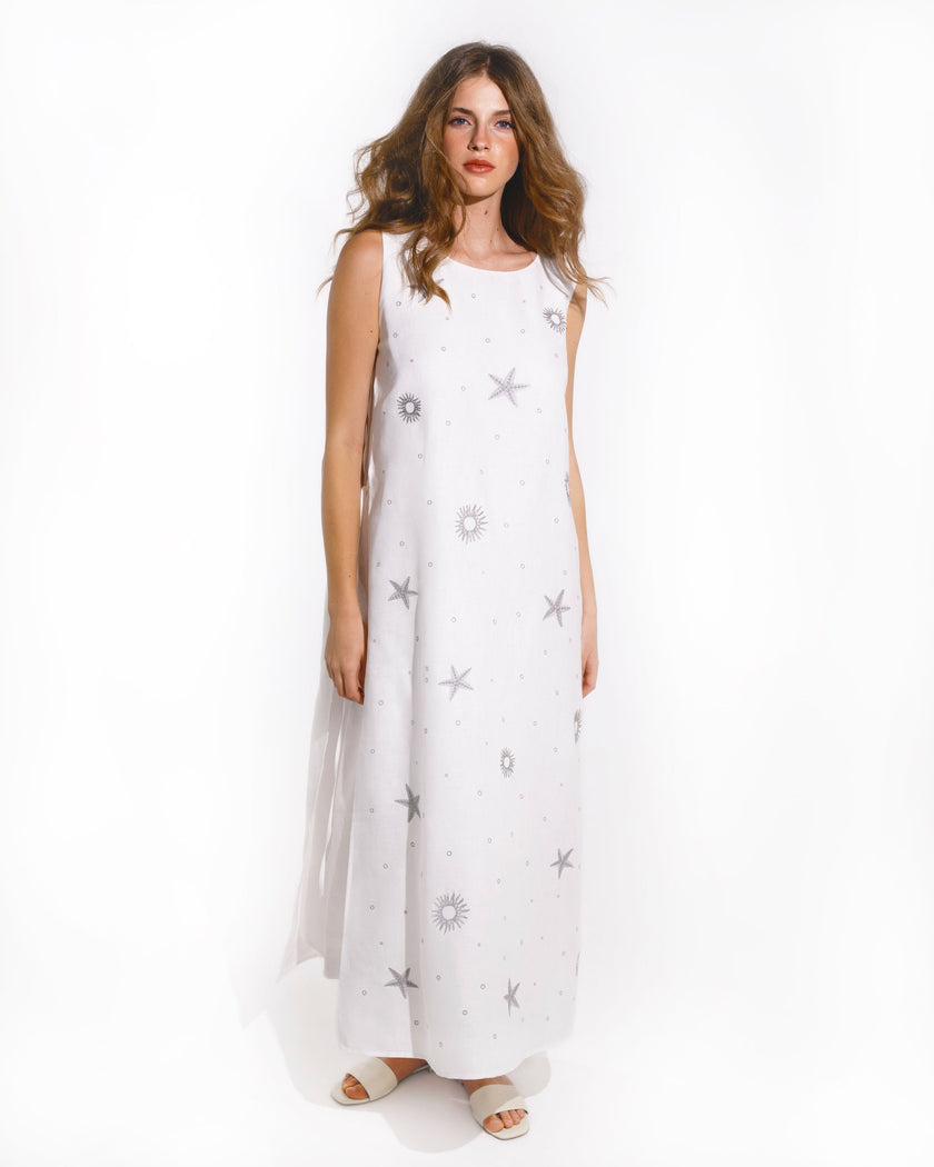 White Embroidered Linen Long Dress | ZALXNDRA