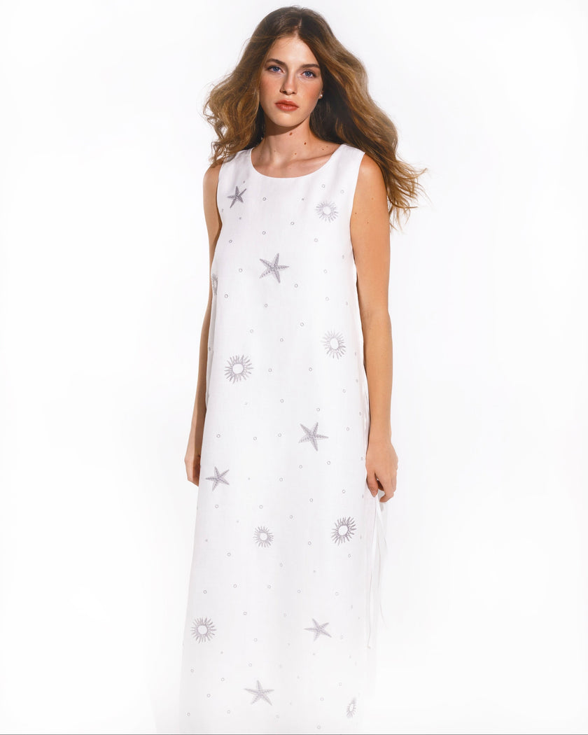 White Silver Sun and Star Embroidered Linen Maxi Dress