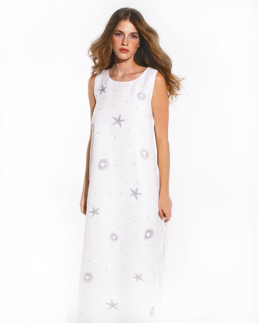 White Embroidered Linen Long Dress | ZALXNDRA