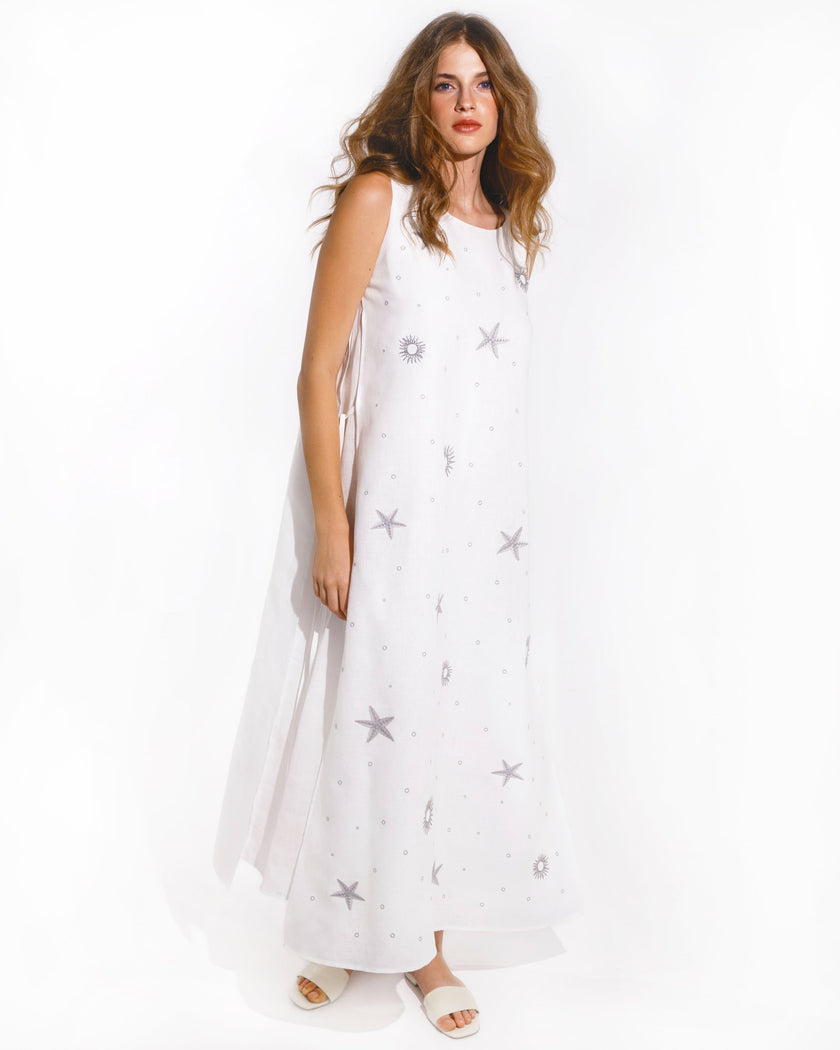 White Silver Sun and Star Embroidered Linen Maxi Dress