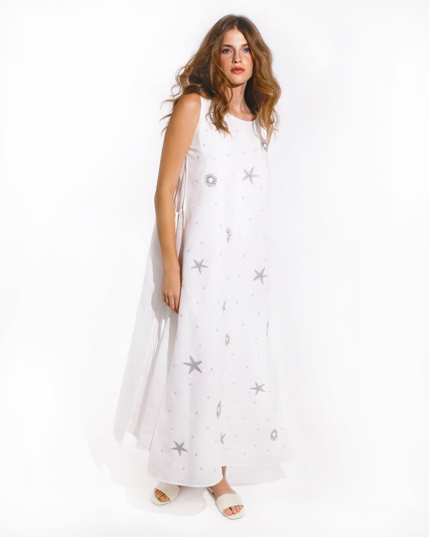 White Embroidered Linen Long Dress | ZALXNDRA