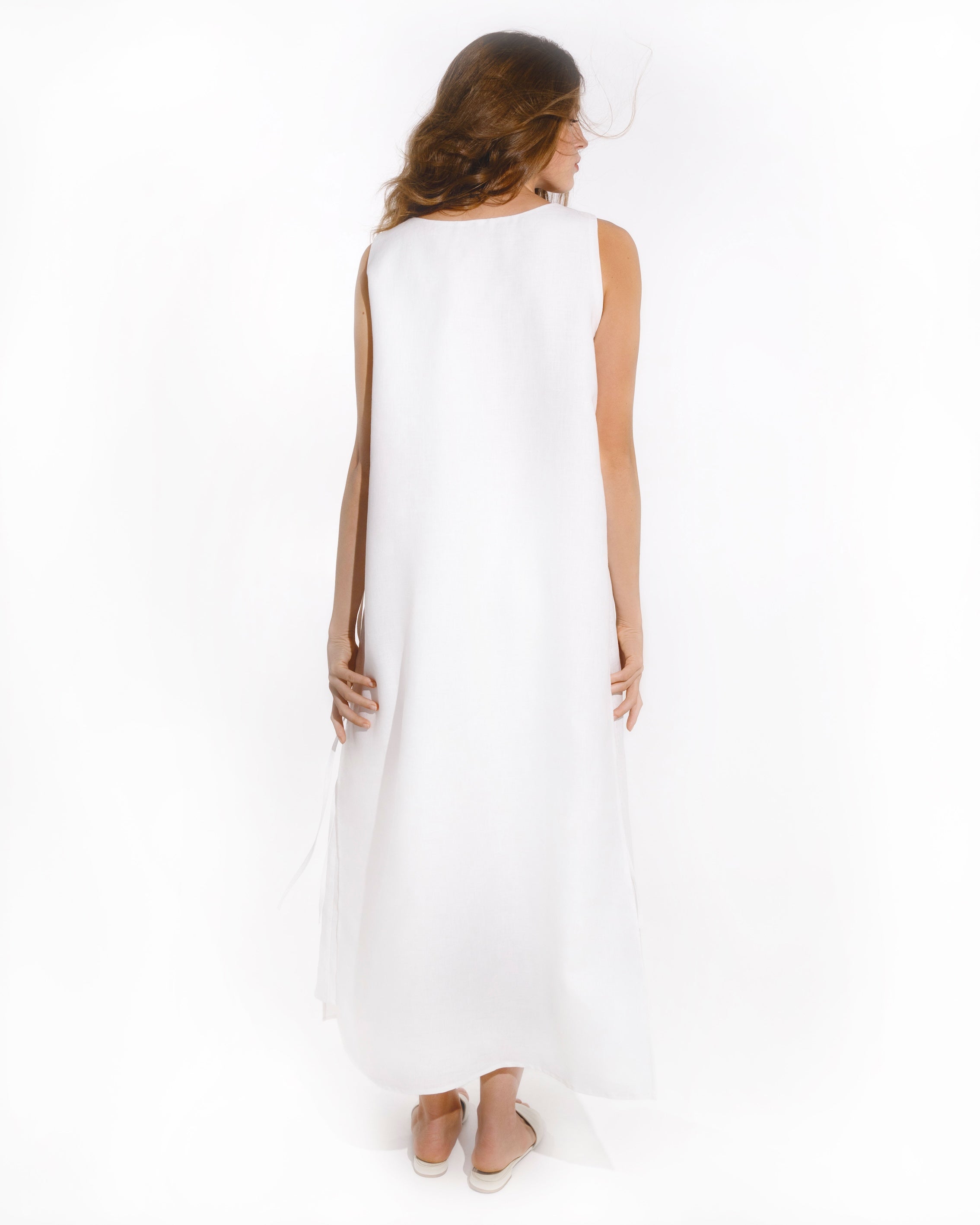 White Embroidered Linen Long Dress || ZALXNDRA