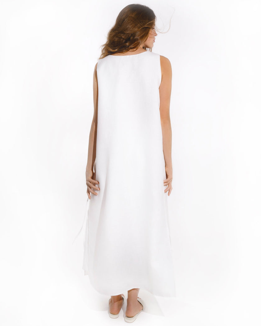 White Silver Sun and Star Embroidered Linen Maxi Dress