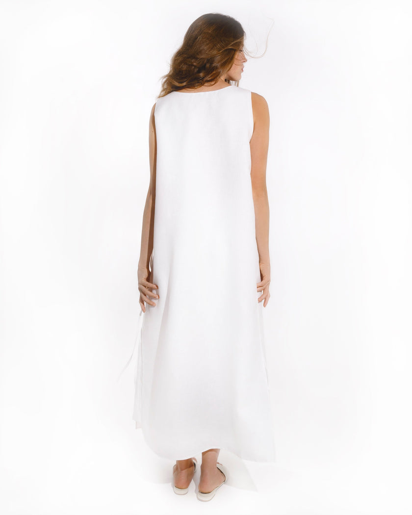 White Embroidered Linen Long Dress | ZALXNDRA