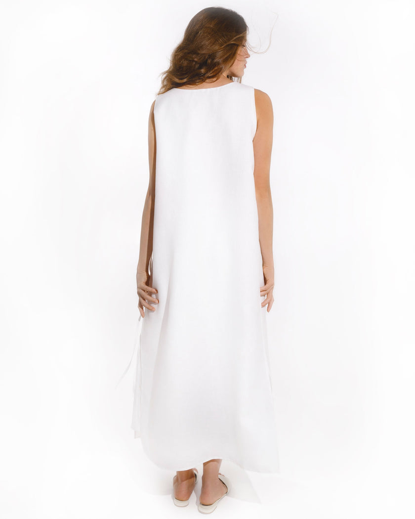 White Yellow Sun and Star Embroidered Linen Maxi Dress
