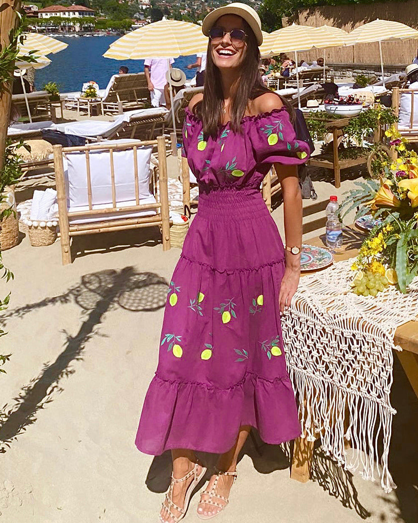 Plum Purple Lemon Embroidered Linen Off-Shoulder Midi Dress