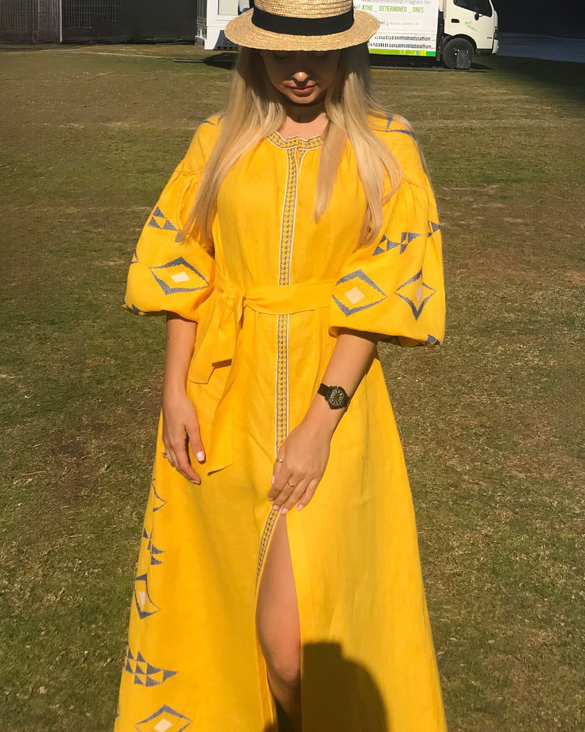 Saffron Yellow Hand-Embroidered Cross-Stitch Linen Kaftan Maxi Dress with Balloon Sleeves