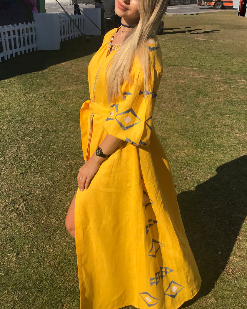 Saffron Yellow Hand-Embroidered Cross-Stitch Linen Kaftan Maxi Dress with Balloon Sleeves