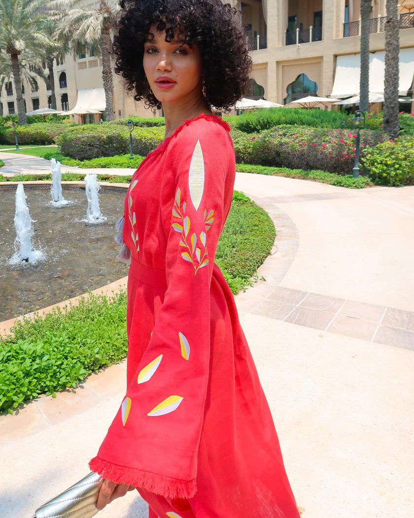 Scarlet Red Yellow Silver Floral Embroidered Linen Kaftan Maxi Dress