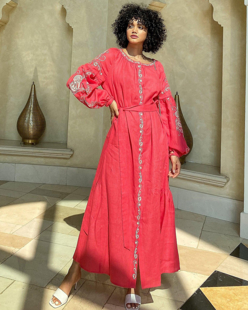 Coral Embroidered Linen Maxi Dress | ZALXNDRA