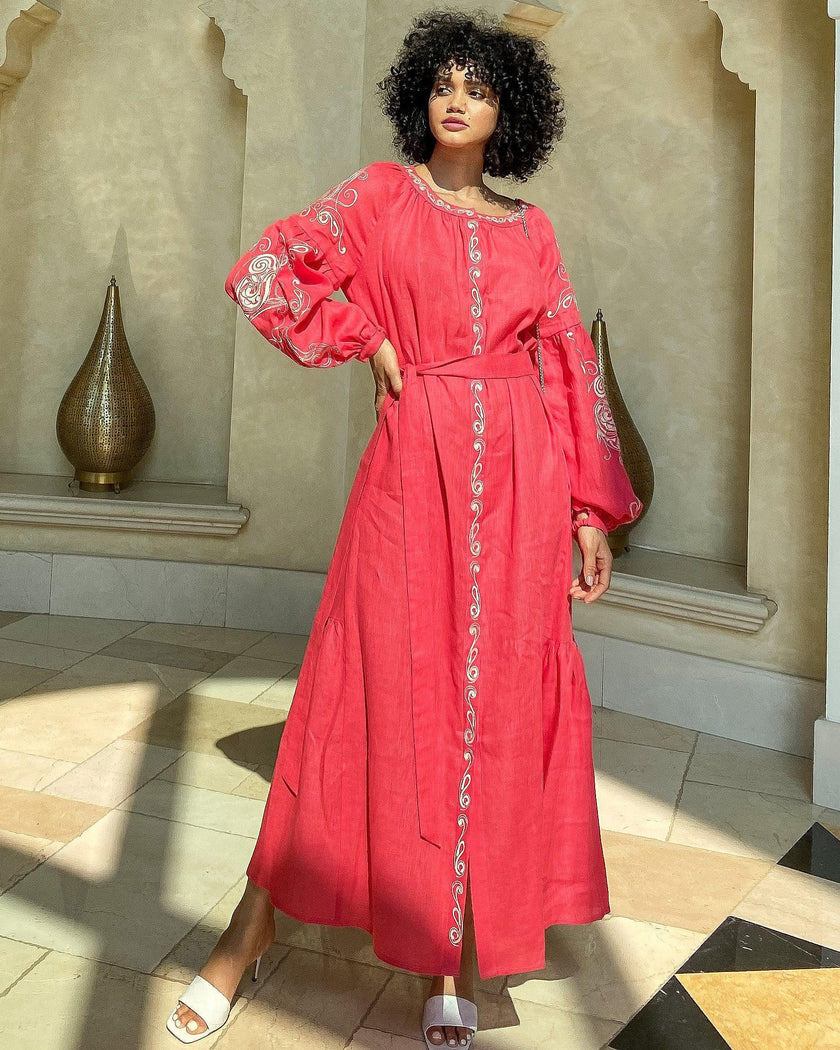 Coral White Embroidered Linen Kaftan Maxi Dress