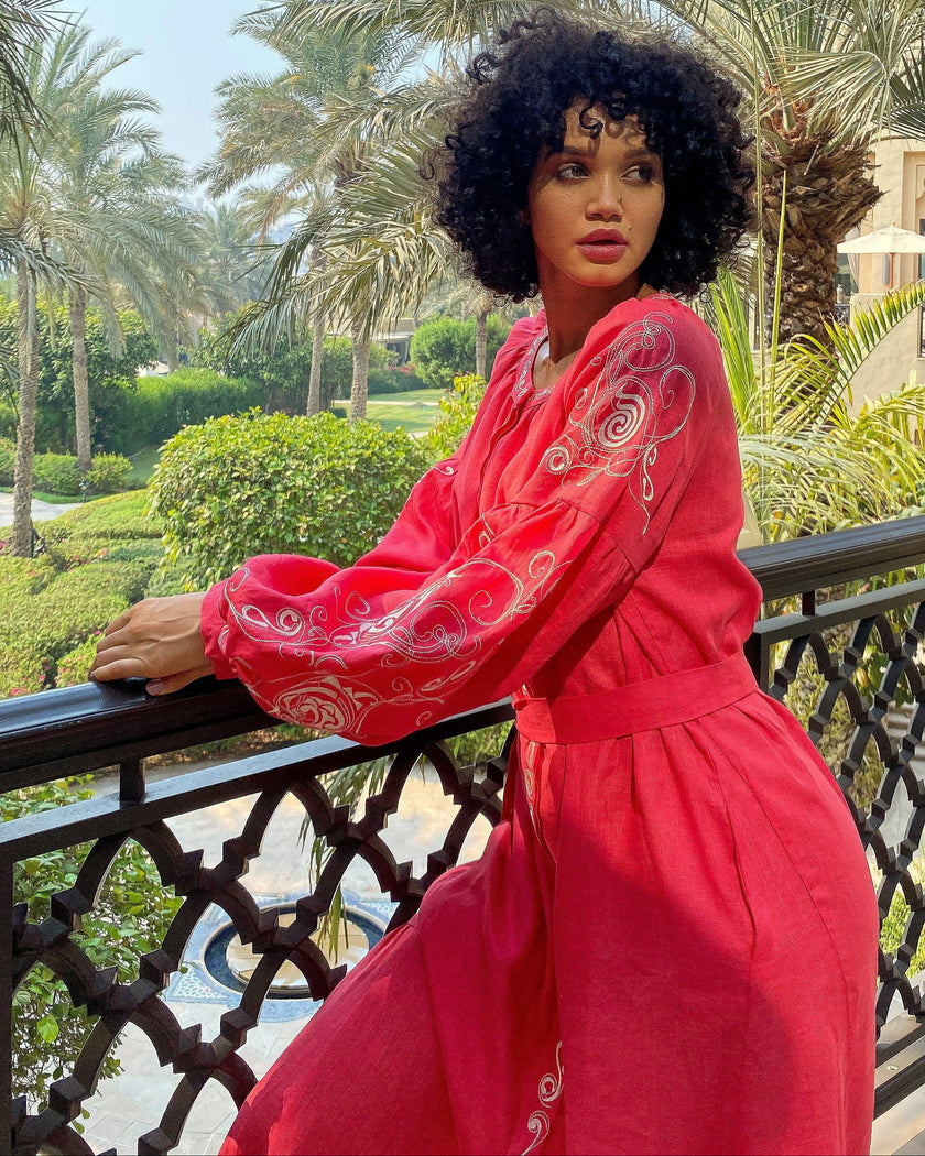 Coral White Embroidered Linen Kaftan Maxi Dress