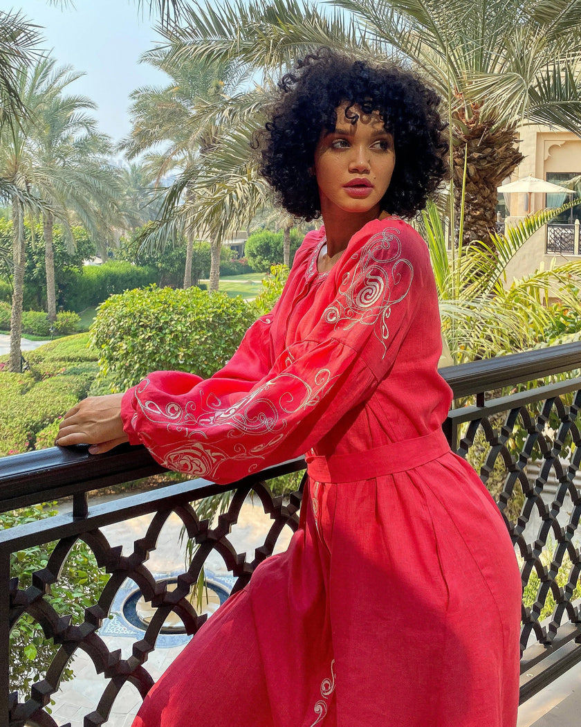 Coral Embroidered Linen Maxi Dress | ZALXNDRA