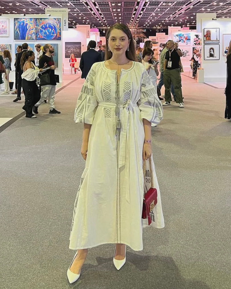 White Grey Geometric Embroidered Linen Kaftan Maxi Dress