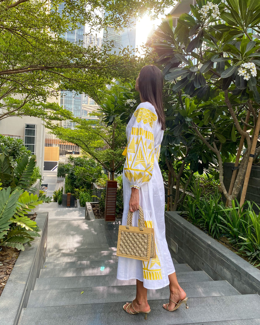 White Yellow Geometric Embroidered Linen Kaftan Maxi Dress