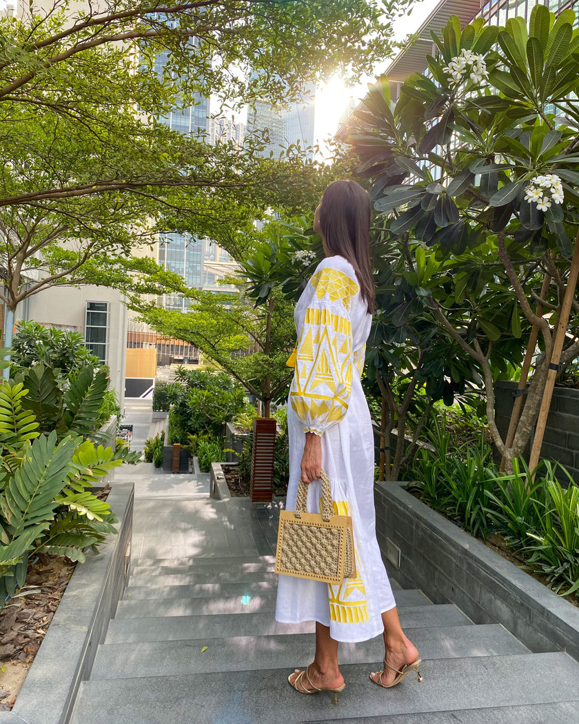 White Embroidered Linen Maxi Dress – Balloon Sleeves | ZALXNDRA