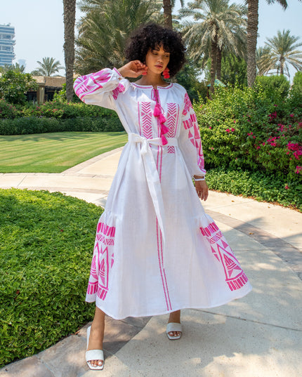 White Embroidered Linen Maxi Dress – Balloon Sleeves || ZALXNDRA