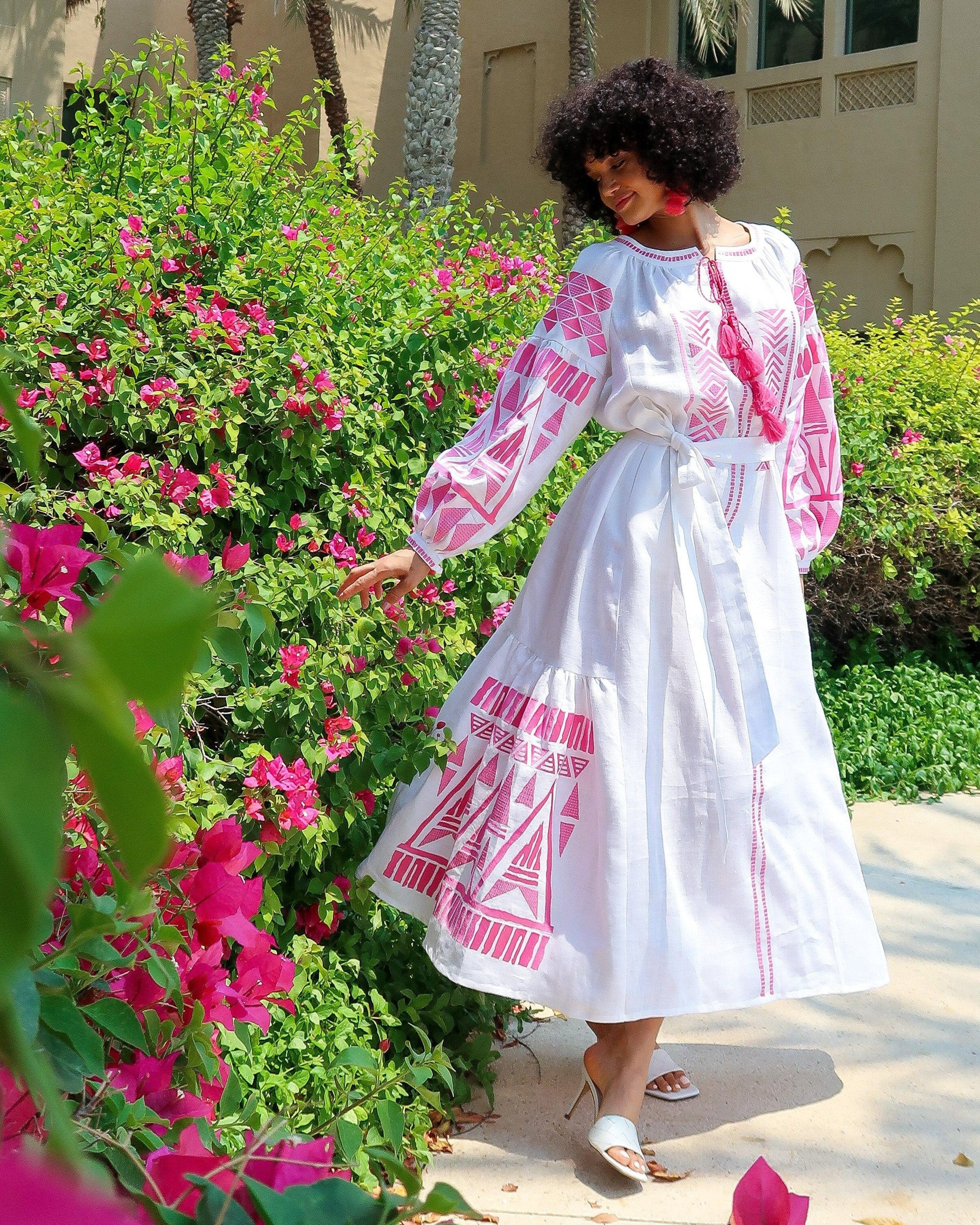 White Embroidered Linen Maxi Dress – Balloon Sleeves || ZALXNDRA