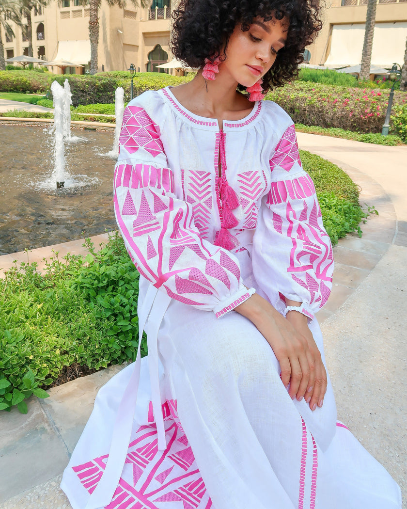 White Embroidered Linen Maxi Dress – Balloon Sleeves | ZALXNDRA