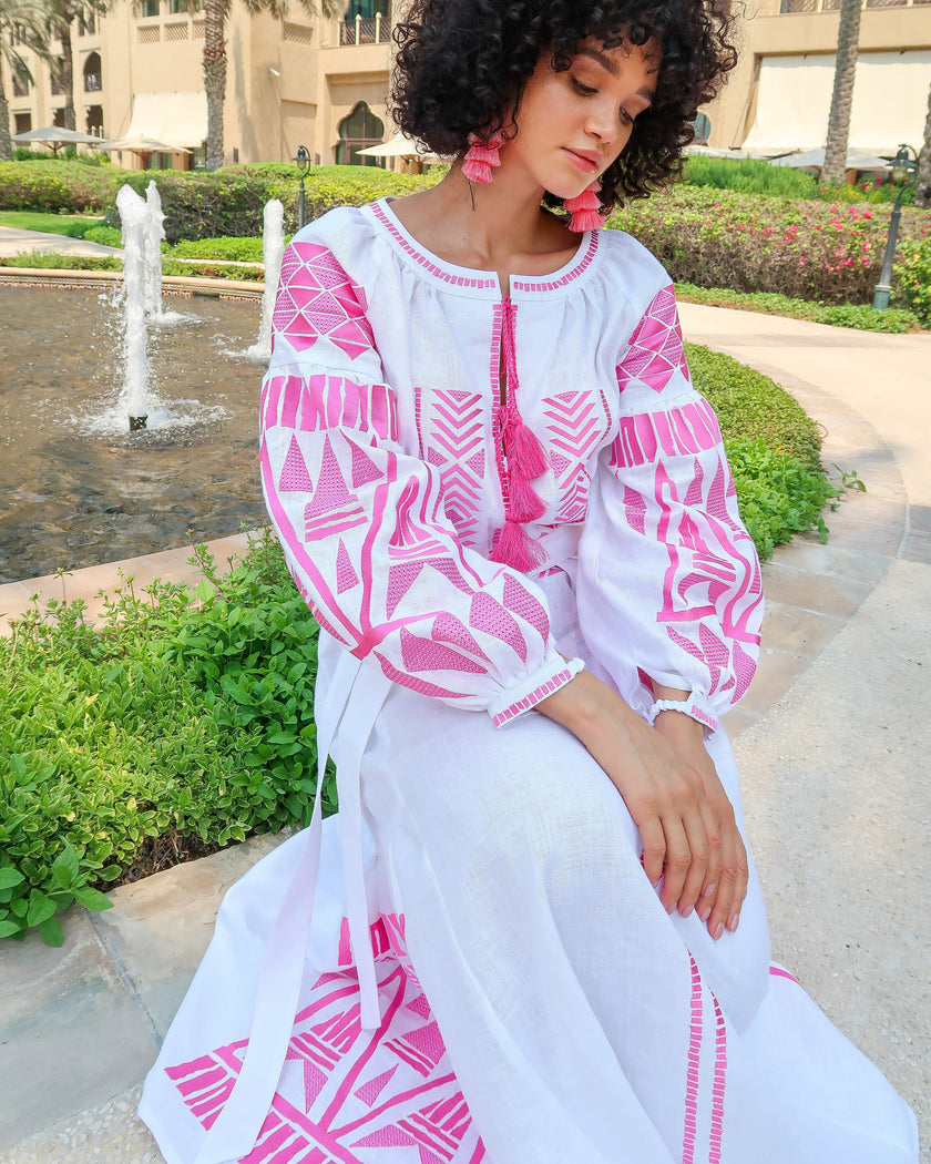 White Pink Geometric Embroidered Linen Kaftan Maxi Dress