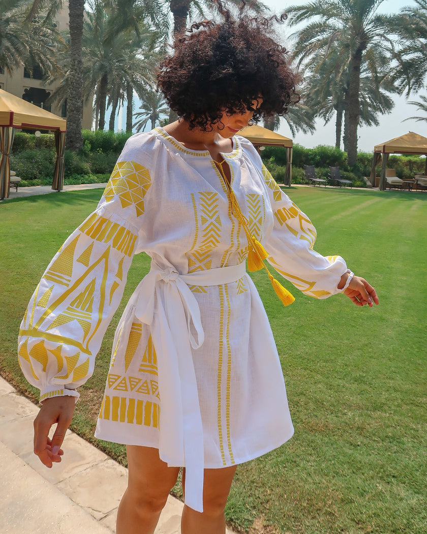 White Embroidered Linen Mini Dress – Balloon Sleeves | ZALXNDRA
