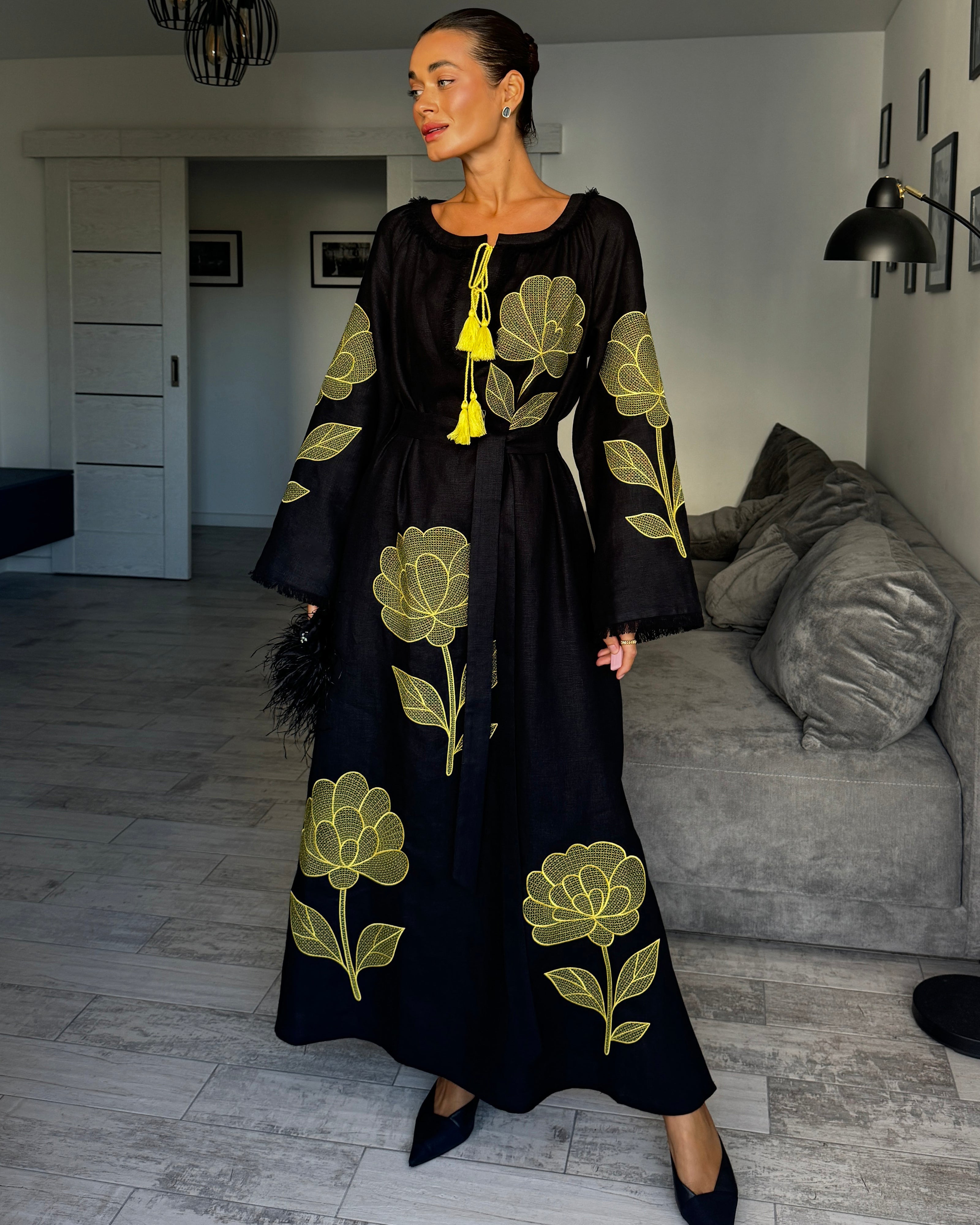 Black Embroidered Linen Maxi Dress | ZALXNDRA