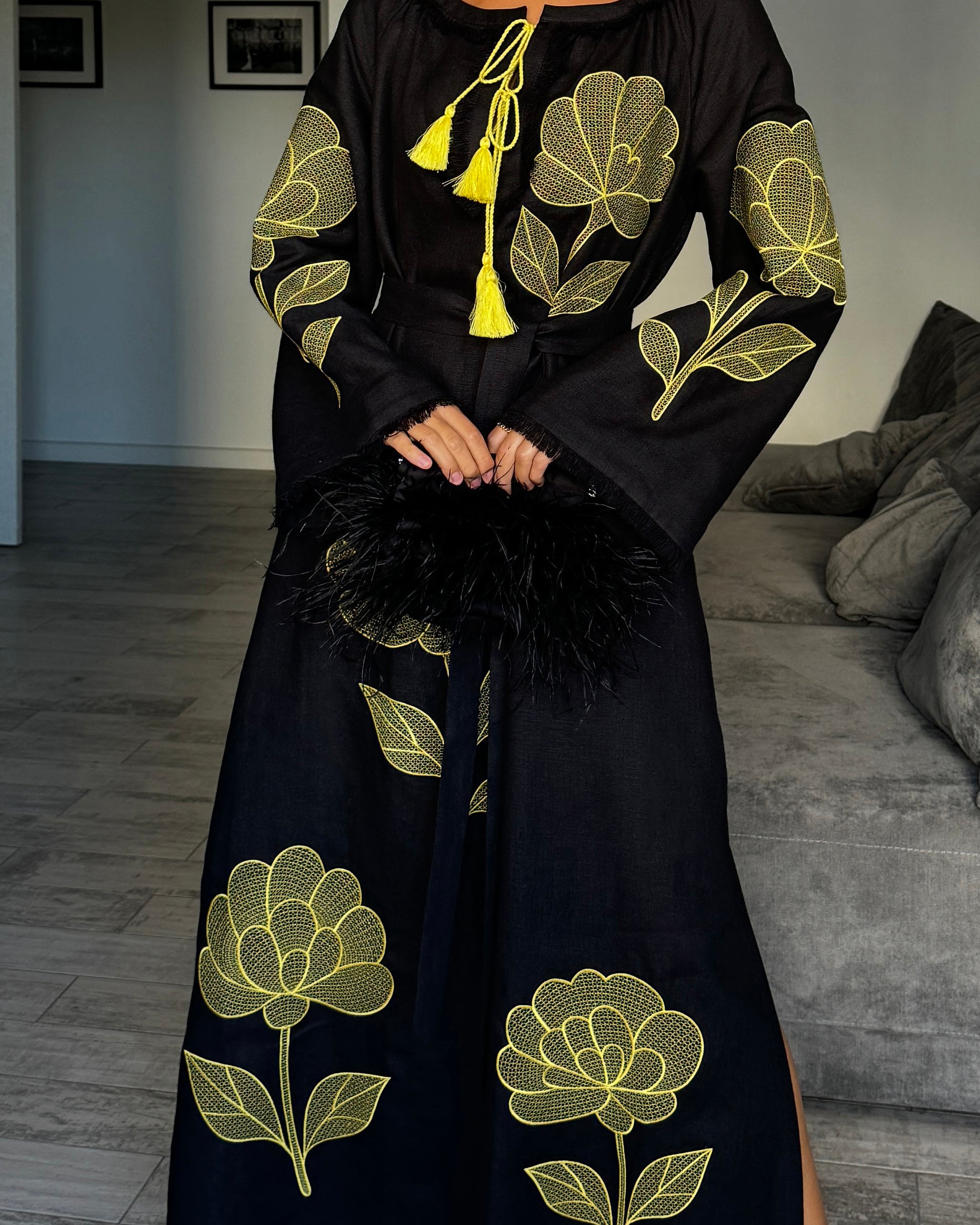 Black Embroidered Linen Maxi Dress | ZALXNDRA