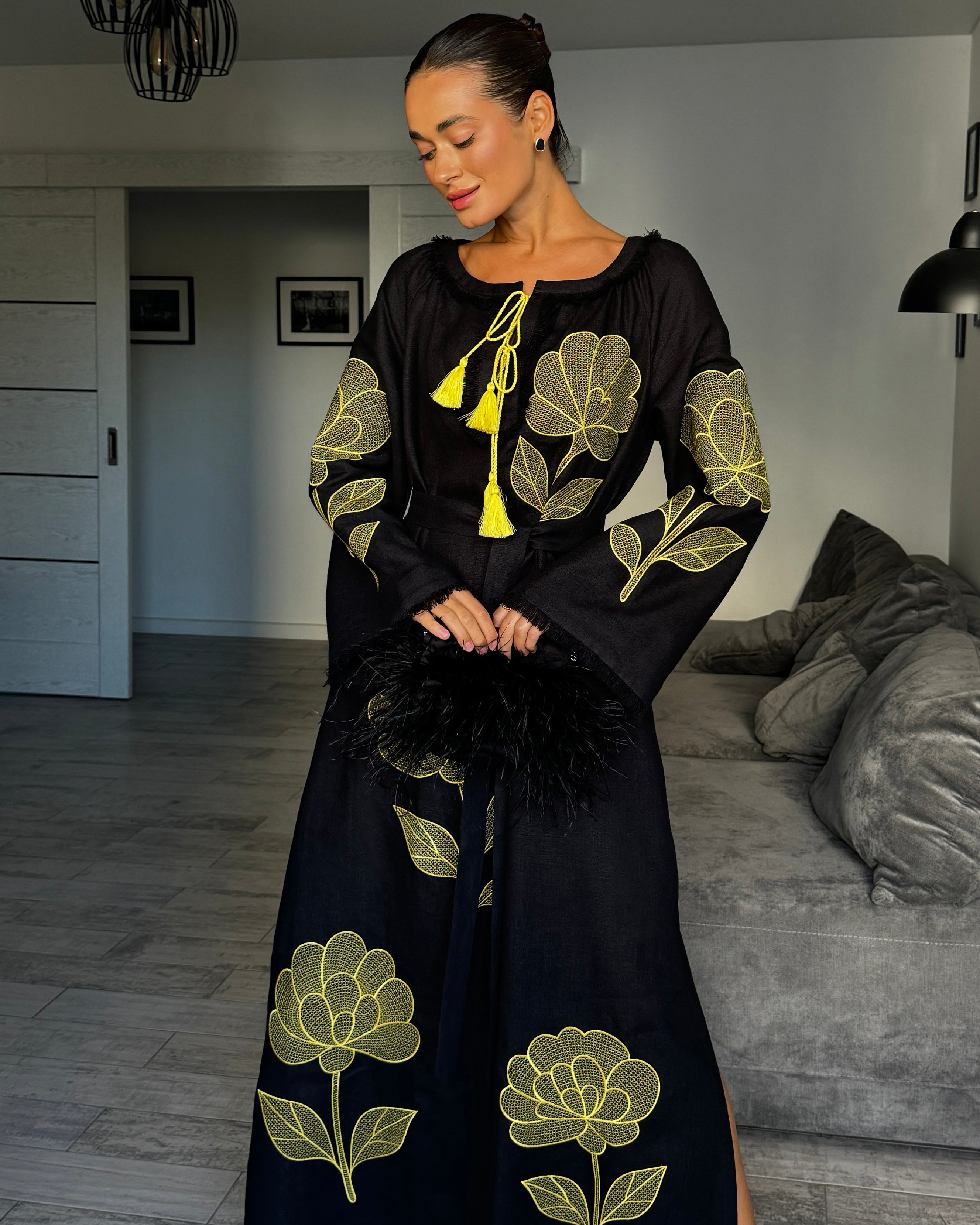 Black Embroidered Linen Maxi Dress | ZALXNDRA