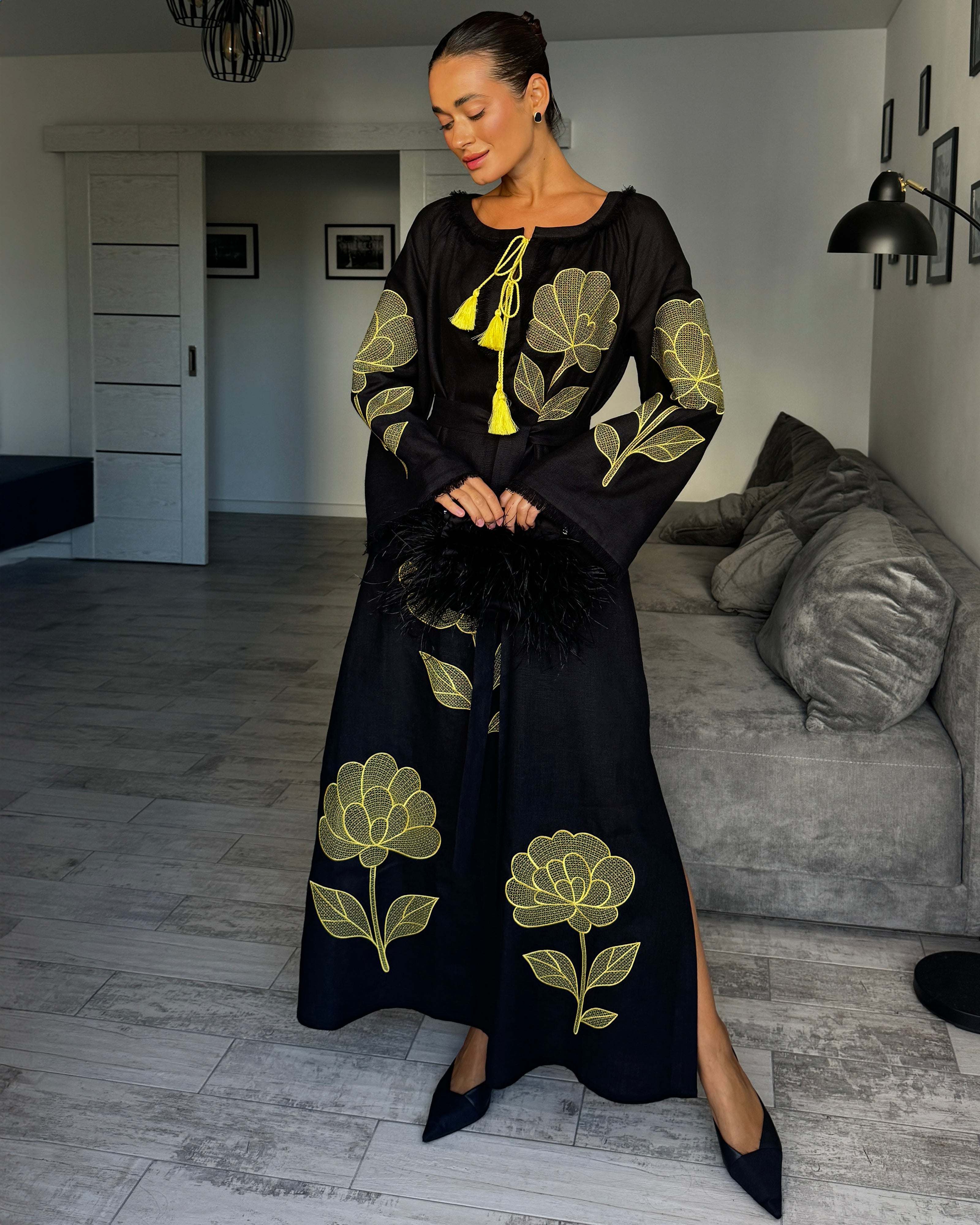 Black Embroidered Linen Maxi Dress | ZALXNDRA